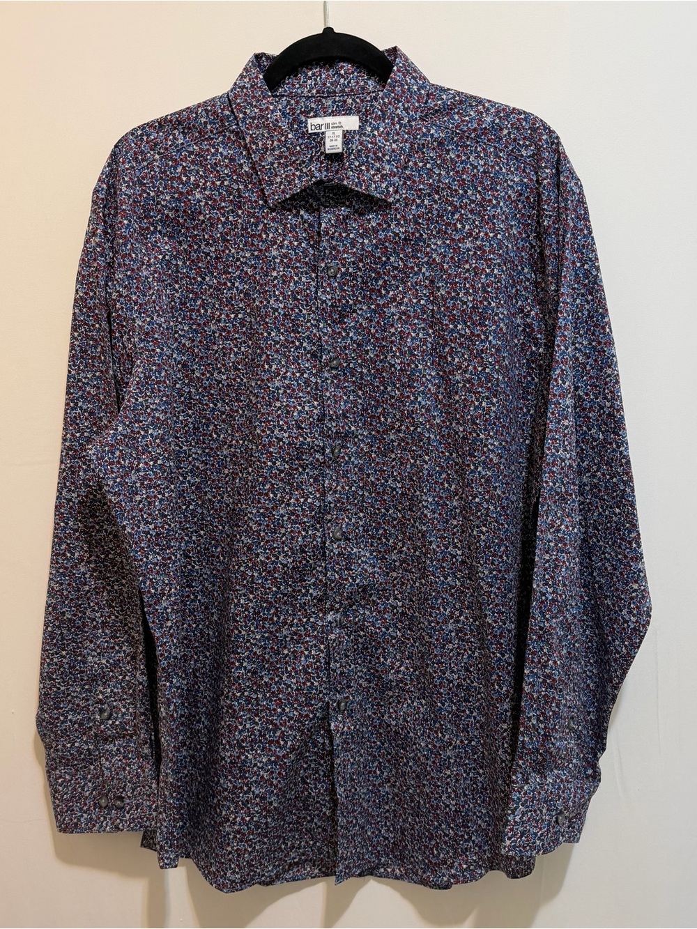 Bar III Navy and Burgundy Micro Floral Button-Down Shirt Slim Fit Stretch